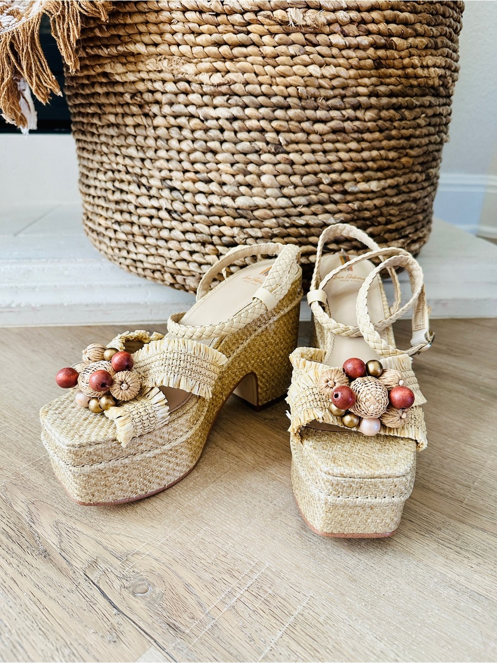 Sam Edelman Tate Woven Natural Raffia Beaded Platform Sandals